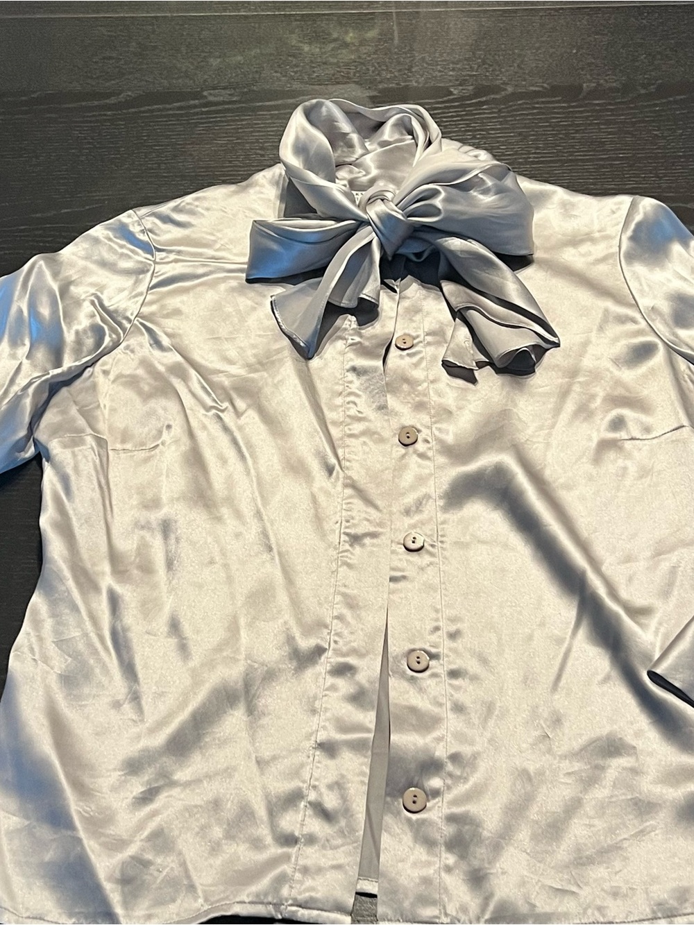 Saks Fifth Avenue Silver Satin Bow-Neck Dress Shirt